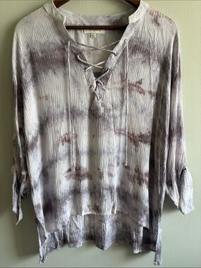 Umgee USA XL Tie Dye Crinkle Gauze Lace-Up Tunic Blouse Boho Oversized